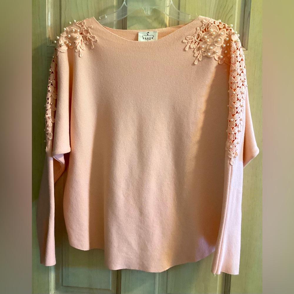 Ember Pearl Embellished Knit Sweater M Peach, Openwork Detail on Sleeves